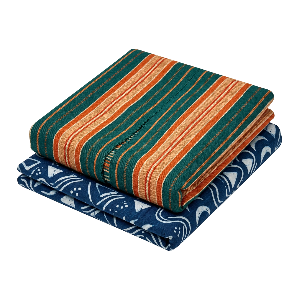 Folded Aso-Oke and Adire fabric swatches