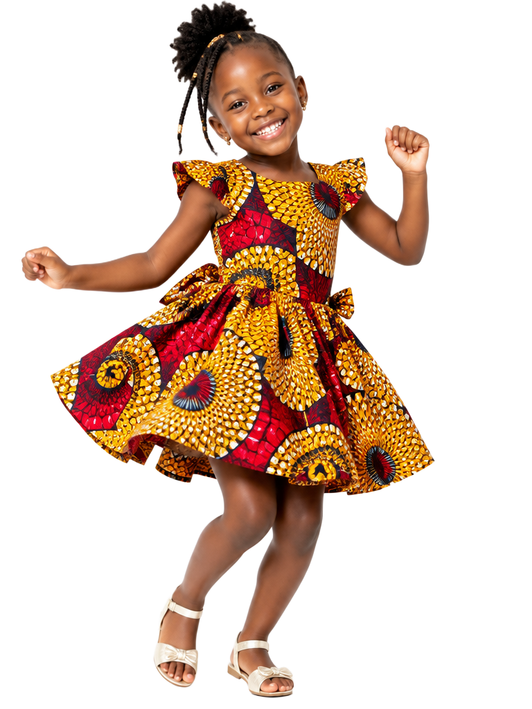 Young girl in a colorful Ankara dress, dancing happily